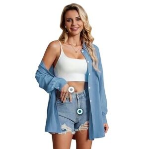 Stamain Women's‎ Small Long Sleeve Button Up Shirt Top Blouse Oversized Blue